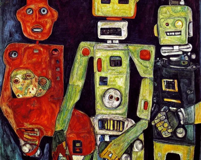 Image similar to a painting of a robot family portrait by graham sutherland, egon schiele, expressionism