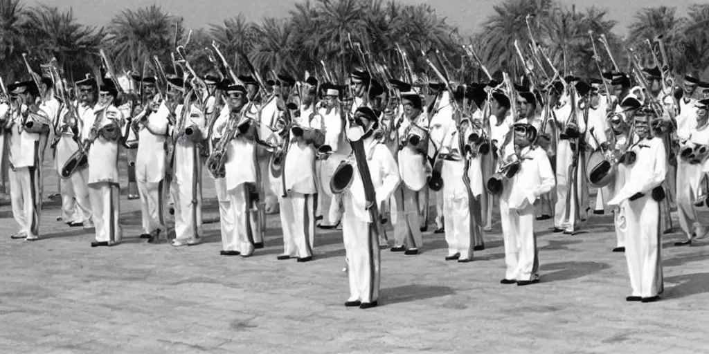 Prompt: saudi military band in 1950s, old photograph
