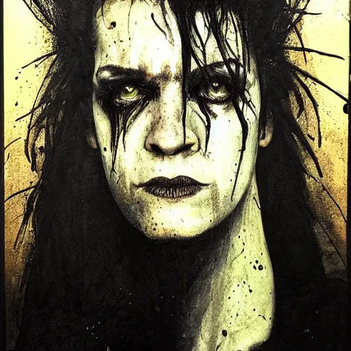 Image similar to stunning portrait of gaunt ( the cure fan ) as dream from sandman, dim stars as eyes, by jeremy mann, by cedric peyravernay, by by russ mills, by richard avedon and ben templesmith, dramatic lightning, sadness, grim face, dark eye sockets, in the shadows, punk rock, gothic, high detailed, 8 k