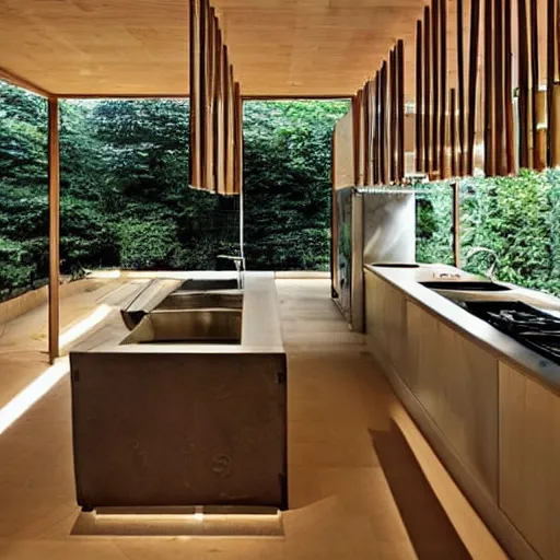 Image similar to “extravagant luxury modern kitchen, interior design, natural materials, potted plants, fresh vegetables, by Tadao Ando and Koichi Takada”