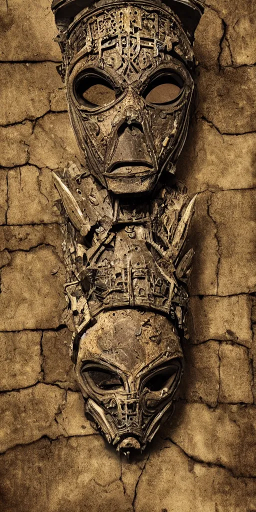 Prompt: extra wide view. an ominous dark ancient mask. barron. worn out photography. sepia. cracks. hyper - detailed. gothic steampunk. low poly medieval baroque. symmetric. epic. hyper - realistic. unreal render.