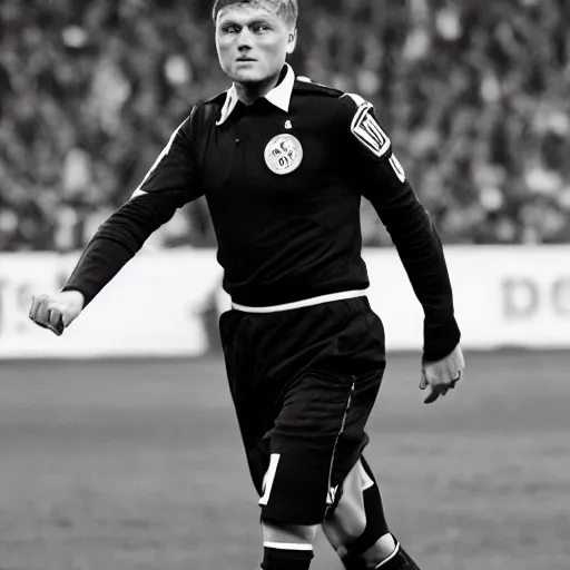 Prompt: toni kroos wearing a nazi uniform, black and white