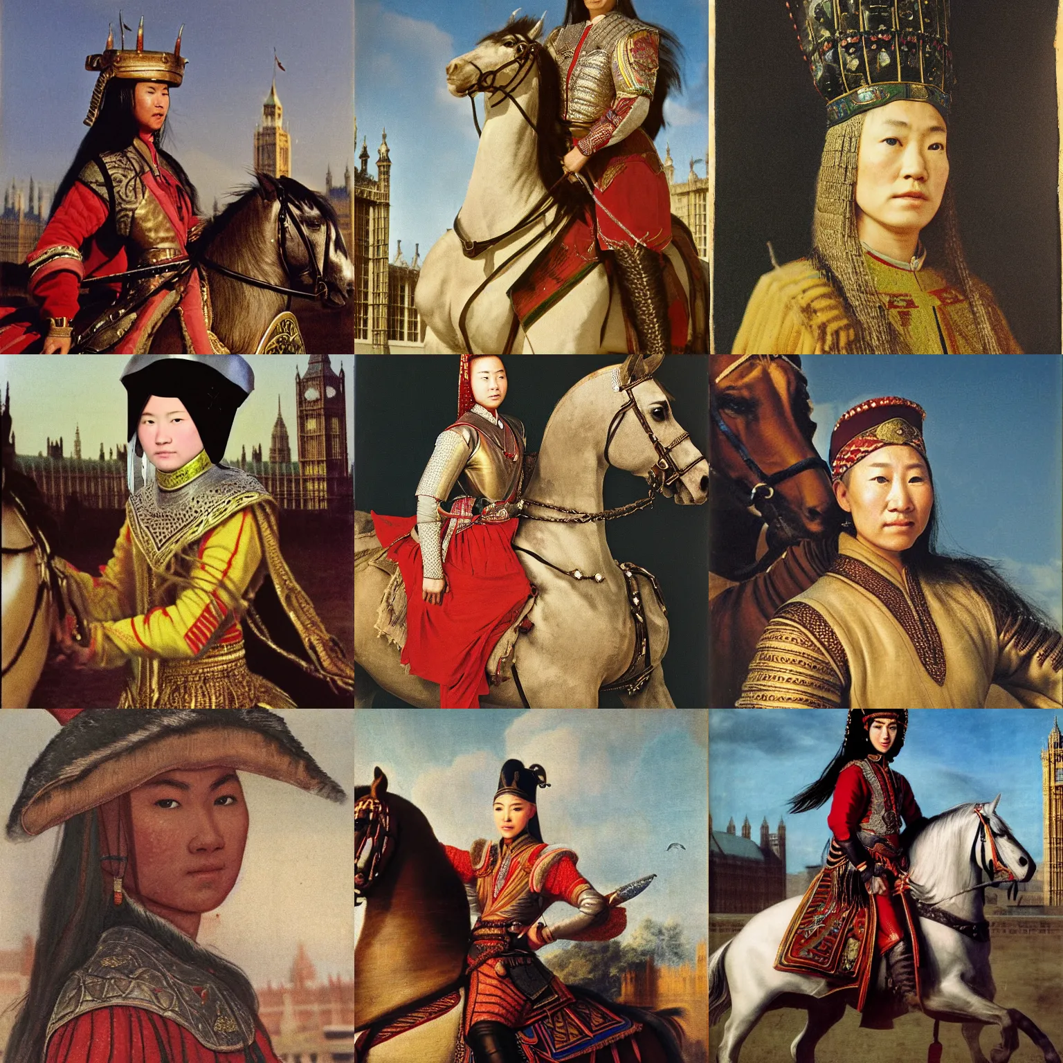 Prompt: A young woman as Genghis Khan, on a horse, in front of the Houses of Parliament, 1683, alternate history, detailed closeup of her head and upper body, by Annie Leibovitz