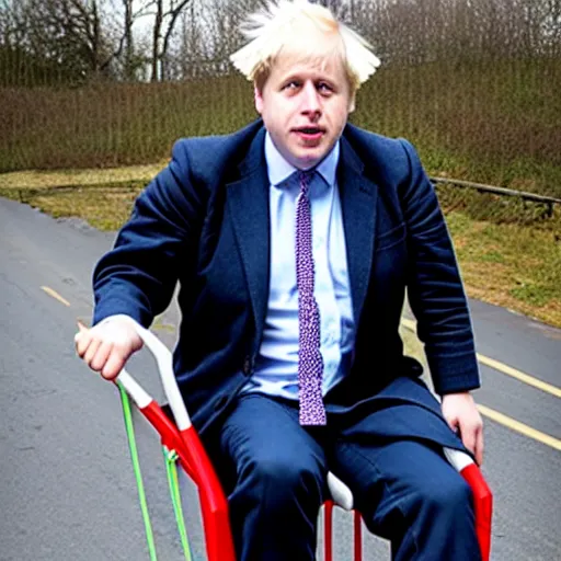 Prompt: Boris Johnson sitting inside a shopping-cart sliding down a very steep hill, anatomically correct, directed open gaze, symmetrical face