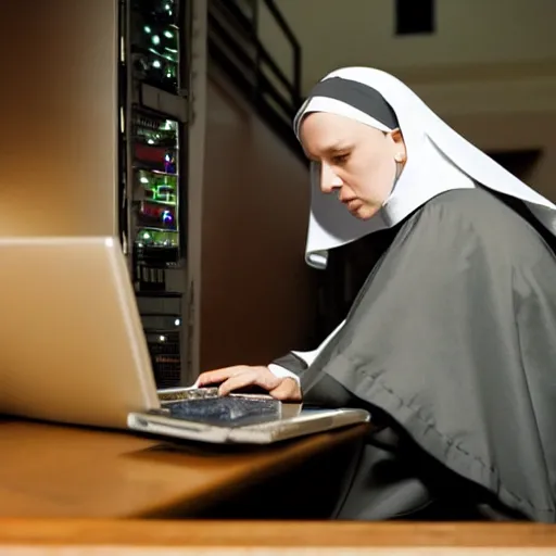 Image similar to award - winning photograph of a nun hunched over a computer while she hacks into the mainframe. the nun's face is beautiful and detailed