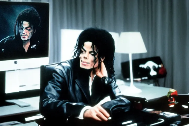 Image similar to Michael Jackson using discord on a computer ultra realistic, 4K, movie still, UHD, sharp, cinematic