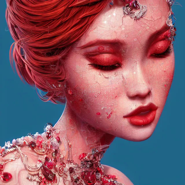 Image similar to studio portrait of absurdly beautiful, elegant, young hypercolorful gravure idol made of rubies and red gems, ultrafine hyperrealistic detailed face illustration by kim jung gi, irakli nadar, intricate linework, sharp focus, bright colors, matte, octopath traveler, final fantasy, unreal engine highly rendered, global illumination, radiant light, intricate environment