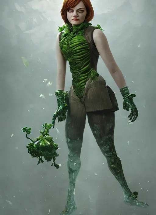 Image similar to portrait of emma stone as kale!! biohazard bioshock, au naturel, hyper detailed, digital art, trending in artstation, cinematic lighting, studio quality, smooth render, unreal engine 5 rendered, octane rendered, art style by klimt and nixeu and ian sprigger and wlop and krenz cushart