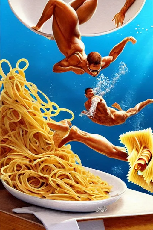 Image similar to olympic diving springoard, a tiny male diver is diving head down into a dish of pasta, detailed realistic sport art, artgerm