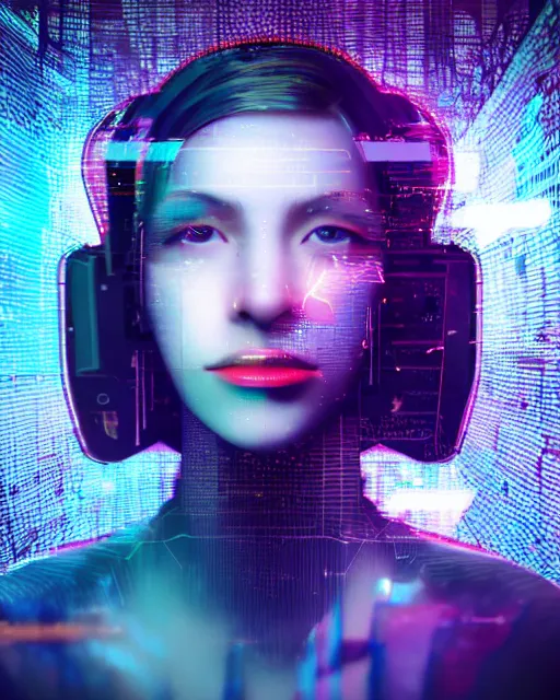 Image similar to A broken monitor with the calm face of an AI woman on it. Very very very strong glitches on the monitor. The face is blurry with glitches. Scanlines and jitter effects. Extremely high detail, glitchcore, glitches, glitch, cyberpunk, deep colors, 8k render