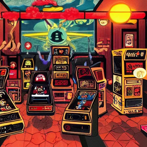 Image similar to grimey japanese retro arcade filled with satanic arcade cabinets, occult video games, 9 0's gaming, satanic portals, digital art, trending on art station