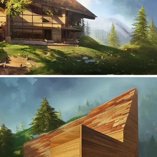 Image similar to wooden villa, designed by peter zumthor, isometric map by sid meier's civilization vi, by craig mullins by jakub rozalski