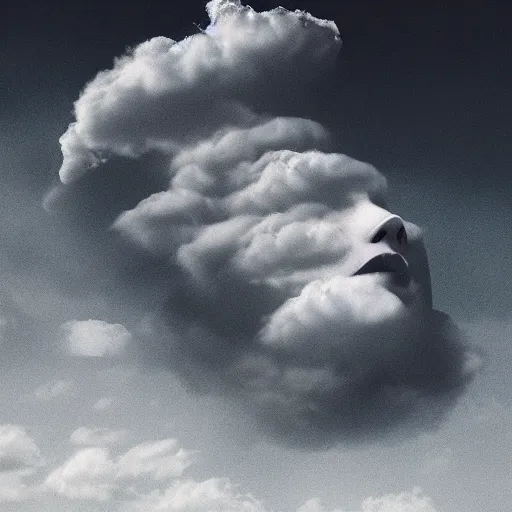 Image similar to the clouds in the sky take the shape of a woman face made of puffy clouds storm photoreal octane grey