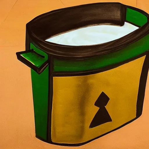 Image similar to oscar the grounch gets a gold plated garbage can, fresco painting