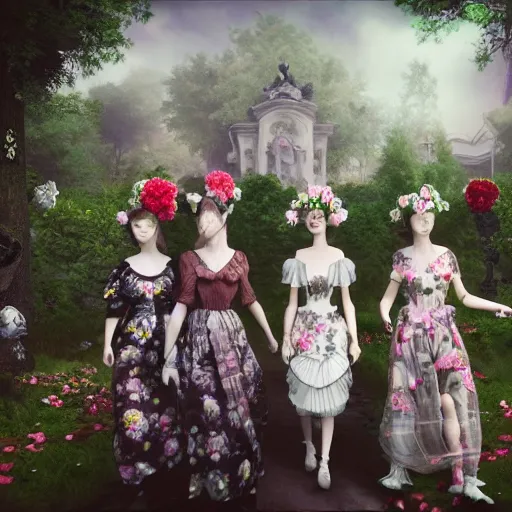 Image similar to 8k, realism, octane render, renaissance, rococo, baroque, group of creepy young ladies wearing long harajuku manga dress with flowers and skulls, background chaotic flowers