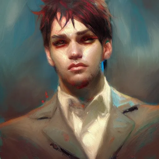 Prompt: A handsome, cute emo guy, close-up painting by Gaston Bussiere, Craig Mullins, trending on artstation, artstationHD, artstationHQ, artstation digital artwork