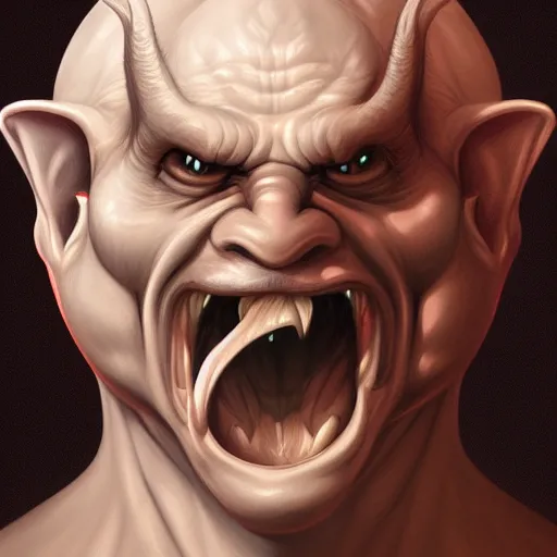 Prompt: portrait of a goblin with a big bulbous nose, long ears, black slick hair, a white clouded eye and a scar, wicked smile, concept character in the style of boris vallejo and jeff easley, trending on artstation, dnd