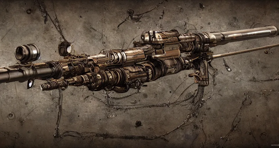 Image similar to Techno-biological rusty large-caliber rifle consisting of tumors, veins, bones, kidneys, wires. Biopunk, body-horror, high detail, photorealism, full length view, very rust, concept art, octane render, 16k, 8k