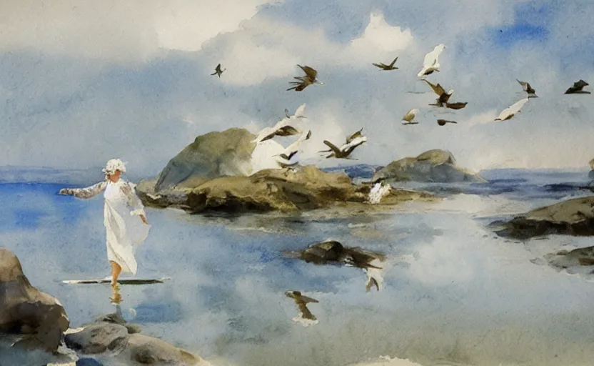 Image similar to watercolor lanscape by anders zorn, flying birds, water, white dress