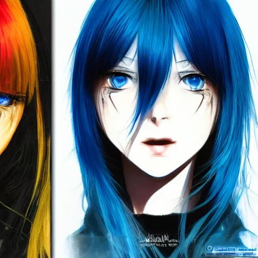 Prompt: profile shot of rimuru tempest, sky blue straight hair, long bangs, gold eyes, smug, wearing a black jacket with white stripes, high collar, ultra detailed, brush strokes, digital painting, cinematic, wlop, closeup, pixiv, color block, eerie, scary, yoshitaka amano, andy warhol, junji ito