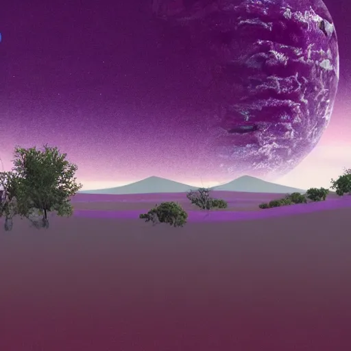 Prompt: a planet with purple rivers and blue trees, there are hills in the background of the image, realistic