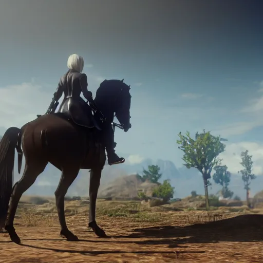 Image similar to Film still of 2B nier automata wearing skintight clothes riding a horse, from Red Dead Redemption 2 (2018 video game), trending on artstation, artstationHD, artstationHQ