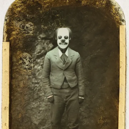 Image similar to tintype photo of a clown standing at the entrance to a cave