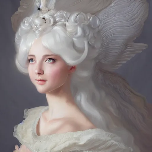 Image similar to A masterpiece portrait of a royal princess baroque rococo girl with tall white amazing victorian wig with angel wings. trending on artstation, digital art, by Stanley Artgerm Lau, WLOP, Rossdraws, James Jean, Andrei Riabovitchev, Marc Simonetti, Yoshitaka Amano