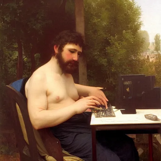 Prompt: an oil painting of an man playing a PC gaming, by Bouguereau, highly detailed and intricate,