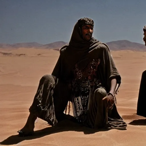 Image similar to a sand wraith talking with a handsome tuareg, movie still amazing