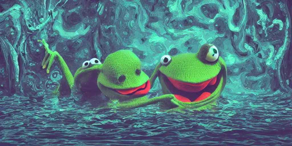 Prompt: of a dark and stormy ocean with large strange Kermit the Frog with big eyes, big mouth and big teeth appearing from the water, in the style of Gaudi, macro lens, shallow depth of field, highly detailed, digital painting, trending artstation, concept art, illustration, cinematic lighting, vibrant colors, photorealism, epic, octane render