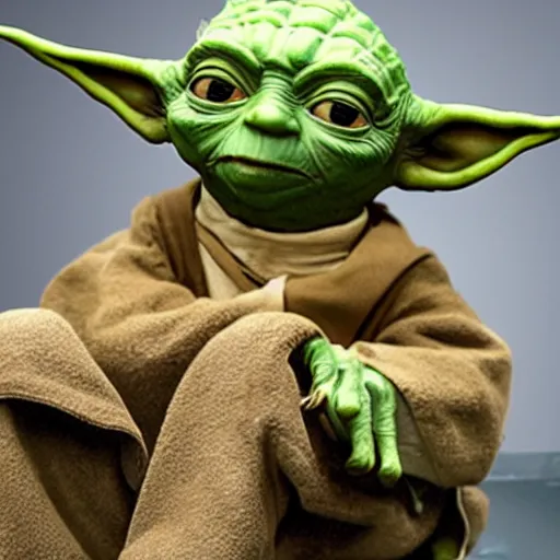 Image similar to photo of yoda sitting on the toilet