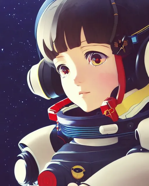 Image similar to ilya kuvshinov anime illustration of young astronaut girl, last exile, murata range, fine detail, perfect anime face, dramatic lighting, dynamic composition, art deco, cel shading, vivid, rich texture, yoshinari yoh, alphonse mucha, ( ( ( colorful ) ) )