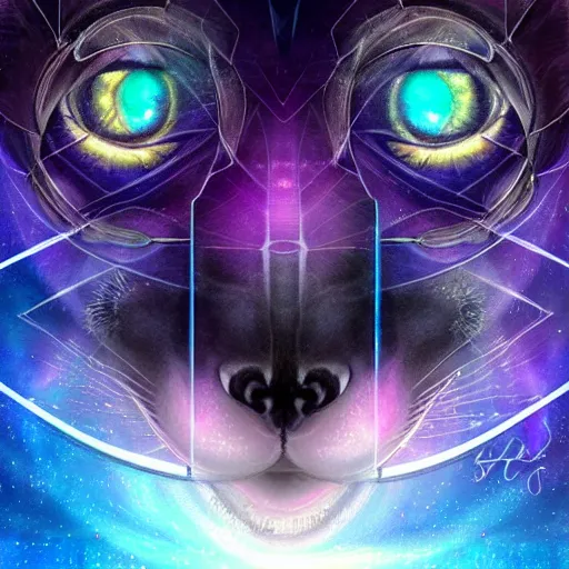 Image similar to geometric symmetrical lemur with galaxy eyes in space, nebula in the background, intricate, elegant, highly detailed, digital painting, artstation, concept art, smooth, sharp focus, illustration, art by artgerm