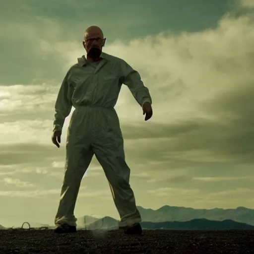 Prompt: cinematic movie still of walter white about to fight godzilla