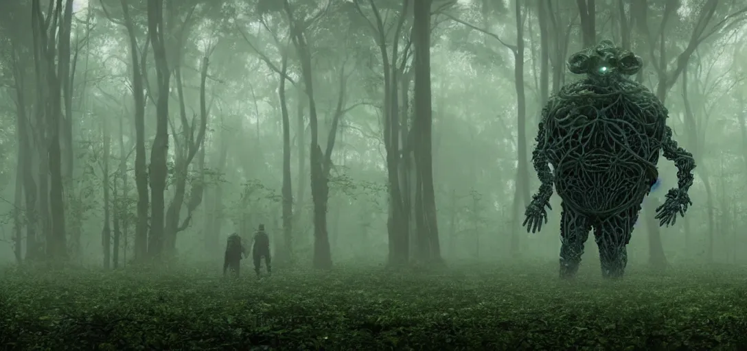 Prompt: a complex organic fractal 3 d metallic symbiotic ceramic humanoid megastructure eldritch horror creature in a swampy lush forest, foggy, cinematic shot, photo still from movie by denis villeneuve