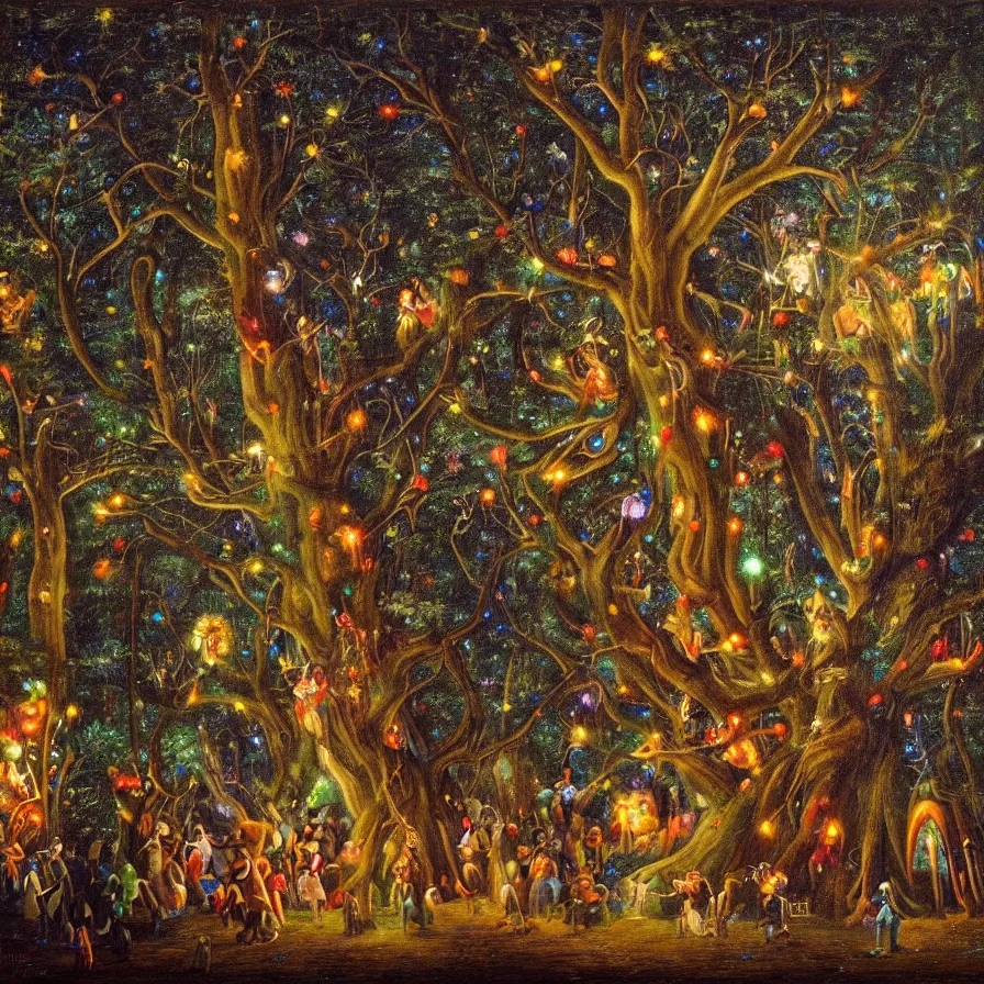 Image similar to a night carnival around a magical tree cavity, with a surreal orange moonlight and fireworks in the background, next to a lake with iridiscent water, christmas lights, folklore animals and people disguised as fantastic creatures in a magical forest by summer night, masterpiece painted by jean - baptiste perronneau, dark night environment