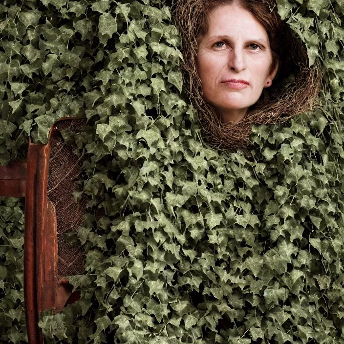 Prompt: closeup portrait of a woman with a cloak made of ivy, sitting in a chair in an abandoned house, by Annie Leibovitz and Steve McCurry, natural light, detailed face, CANON Eos C300, ƒ1.8, 35mm, 8K, medium-format print