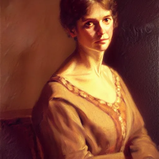 Prompt: a painting of a woman in a brown dress, a portrait by Jeanne du Maurier, cgsociety, american barbizon school, studio portrait, oil on canvas, chiaroscuro