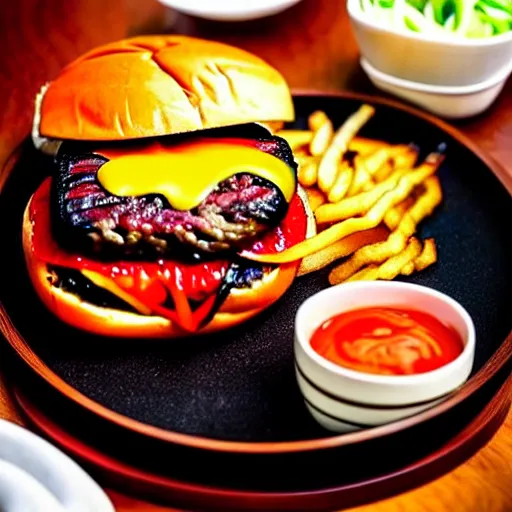 Prompt: The ultimate double cheeseburger with extra unagi, on a hand carved cherrywood plate. Perfect photography.