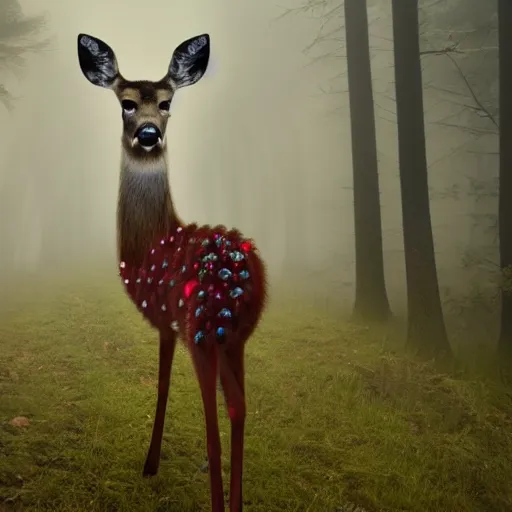 Prompt: a deer with a ruby ​​in its forehead stands in the middle of a dark foggy forest, cinematic, 4k,