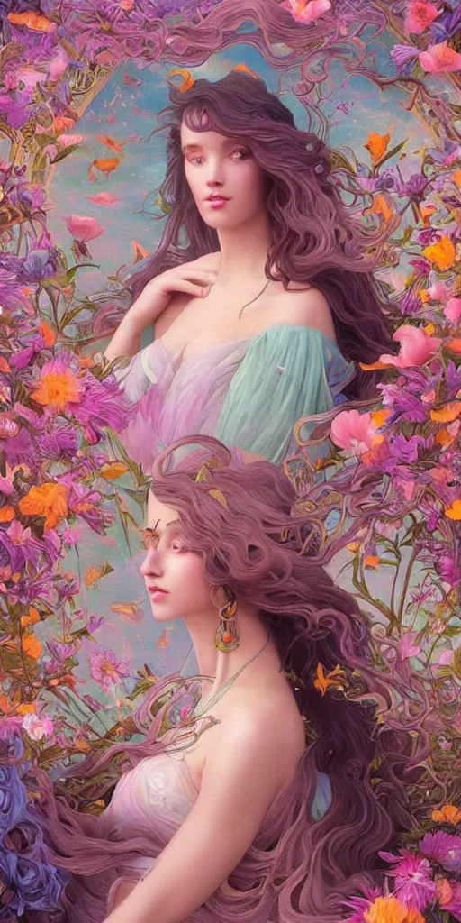 Prompt: surreal fantasy landscape in the hair, beautiful, young woman, extremely detailed gorgeous face, sad eyes tears, vaporwave aesthetic, synthwave, colorful, long luxurious intricate gown digital, flowers, butterflies, birds, painting, artstation, concept art, smooth, sharp focus,high definitition, illustration, art by artgerm and greg rutkowski and alphonse mucha