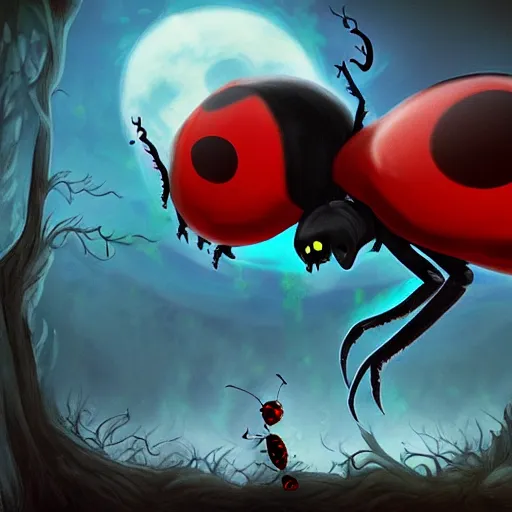 Image similar to ladybug as a monster, fantasy art style, scary atmosphere, nightmare - like dream ( animation style )