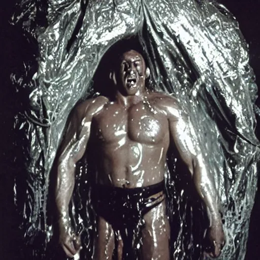 Image similar to 1 9 9 0's wwe publicity photo, a giant muscular man covered in wet reflective slime crawling halfway out of a giant slimy wet cocoon, screaming in agony, inside a secret occult dark evil lab, candles and pentagrams, ultra - detailed, photorealistic