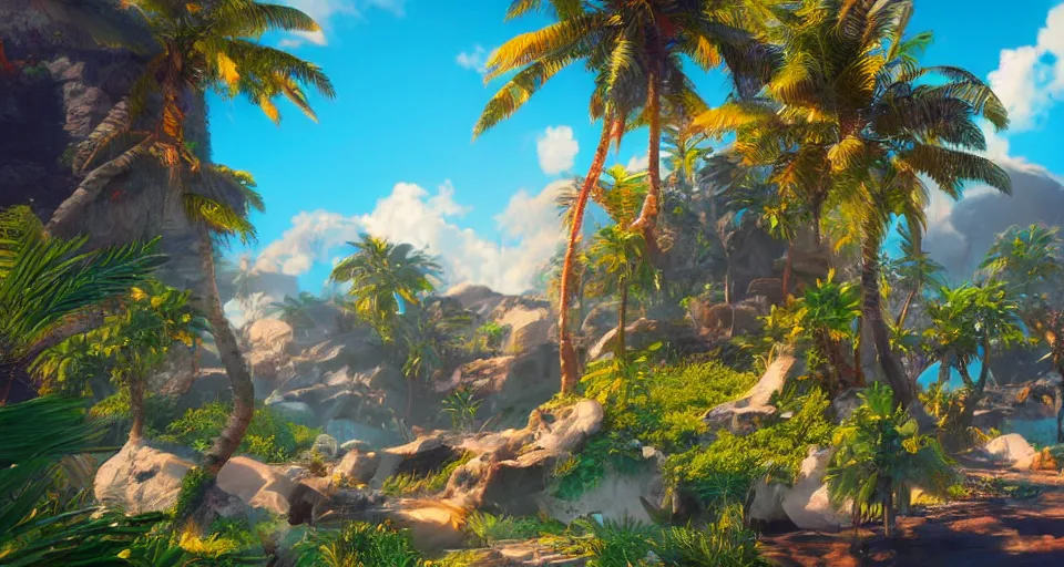 Prompt: An epic fantasy style painting of a sunny tropical paradise, unreal 5, DAZ, hyperrealistic, octane render, volumetric clouds dynamic lighting