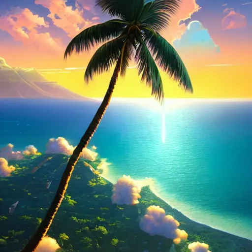 Image similar to a painting a breathtaking aerial view of Hawaiian islands, surrounded by palm trees, clouds, flowers, volcano, azure ocean, sunlight glistening, glow, , a detailed matte painting by sylvain sarrailh, Stephan Martinière, by RHADS, Makoto Shinkai, bokeh, Artstation contest winner, fantasy art, concept art, #vfxfriday