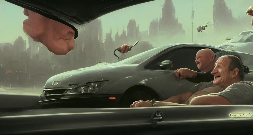 Image similar to highly detailed cinematic portrait of robin williams driving a civic from the movie fast and furious, happy ambience, stephen bliss, unreal engine, fantasy art by greg rutkowski, loish, rhads, ferdinand knab, makoto shinkai and lois van baarle, ilya kuvshinov, rossdraws, tom bagshaw, global illumination, detailed and intricate environment