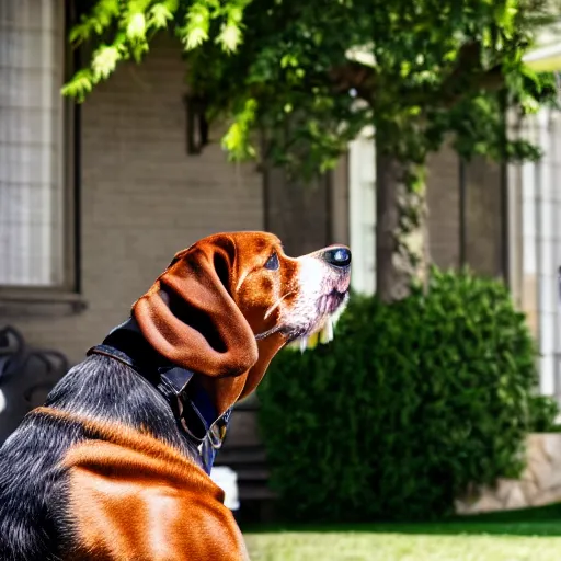 Image similar to a very detailed photo of a dog ( smoking a cigar ) outside the mansion by the pool