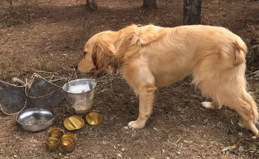 Image similar to photo of a golden retriever wearing old west clothes and western hat and finding gold nuggets in a mine