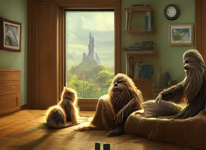 Prompt: wookiee is comfy at home trading crypto with his cat. the charts are at all time highs, gains, green charts, painting by grant wood, 3 d rendering by beeple, wlop